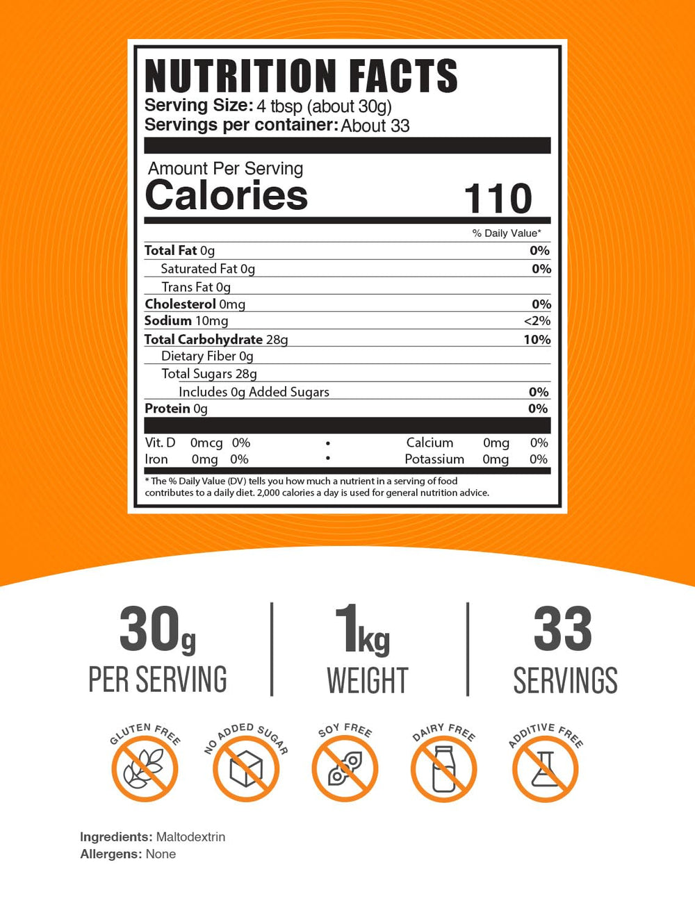 BulkSupplements Maltodextrin powder bag shows gluten-free, unflavored carbohydrate option.