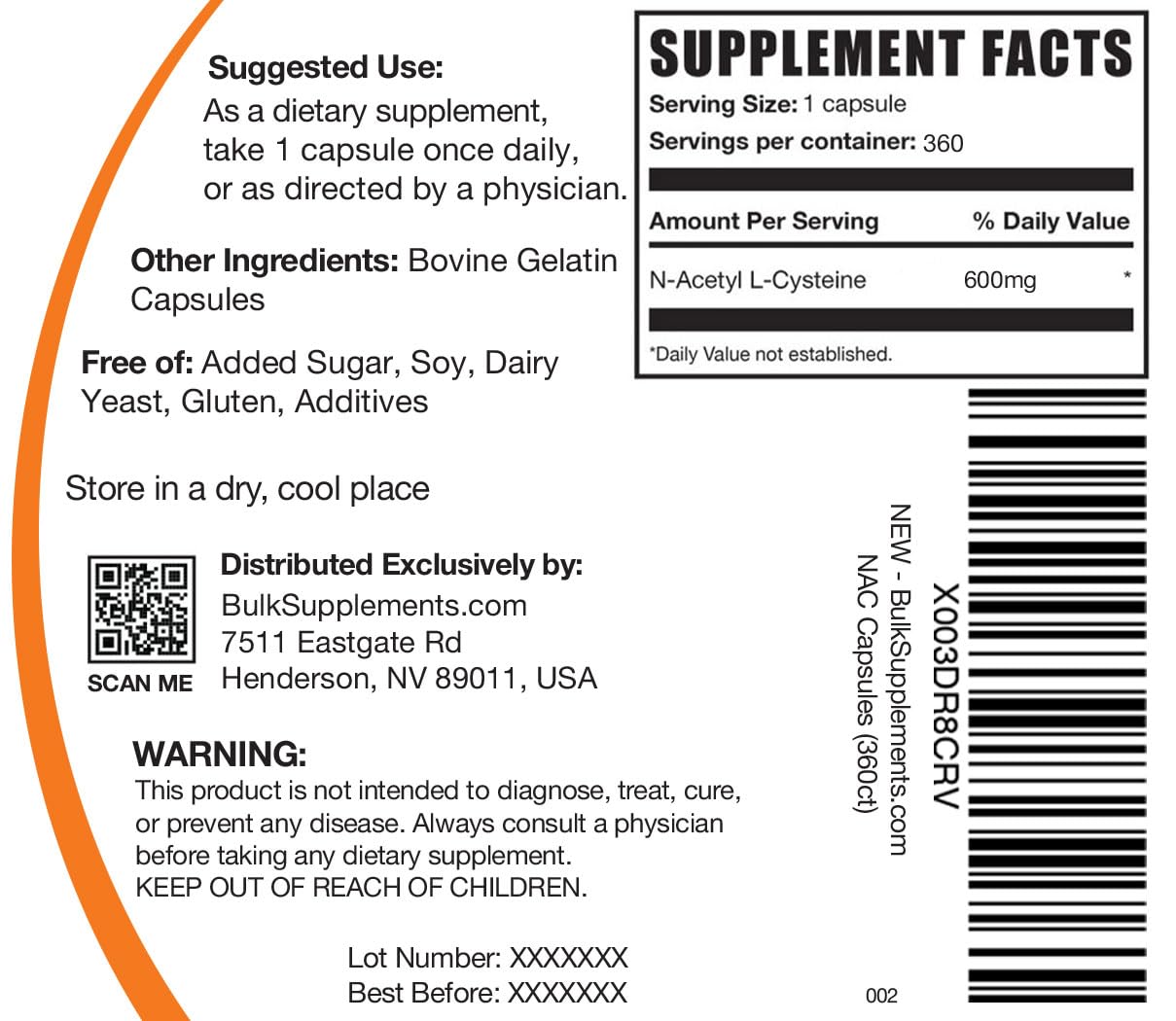 NAC bottle spine from BulkSupplements emphasizing long supply