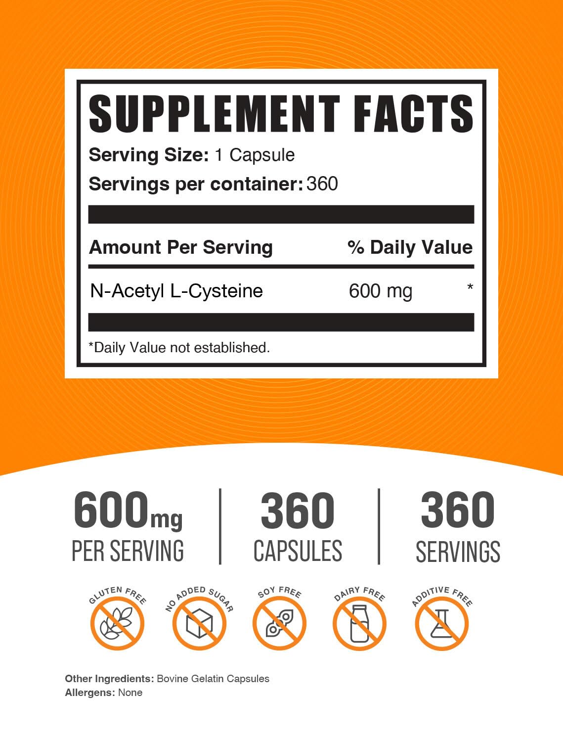 Closeup of BulkSupplements NAC capsules showing 600 mg dose