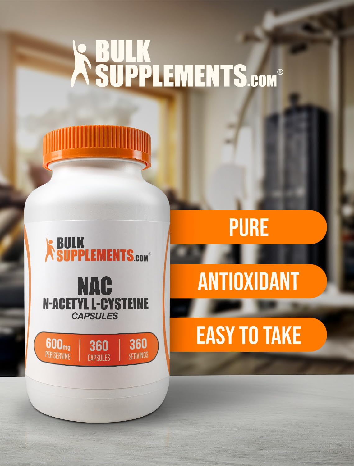 Packaging of BulkSupplements N A C with clear bottle design