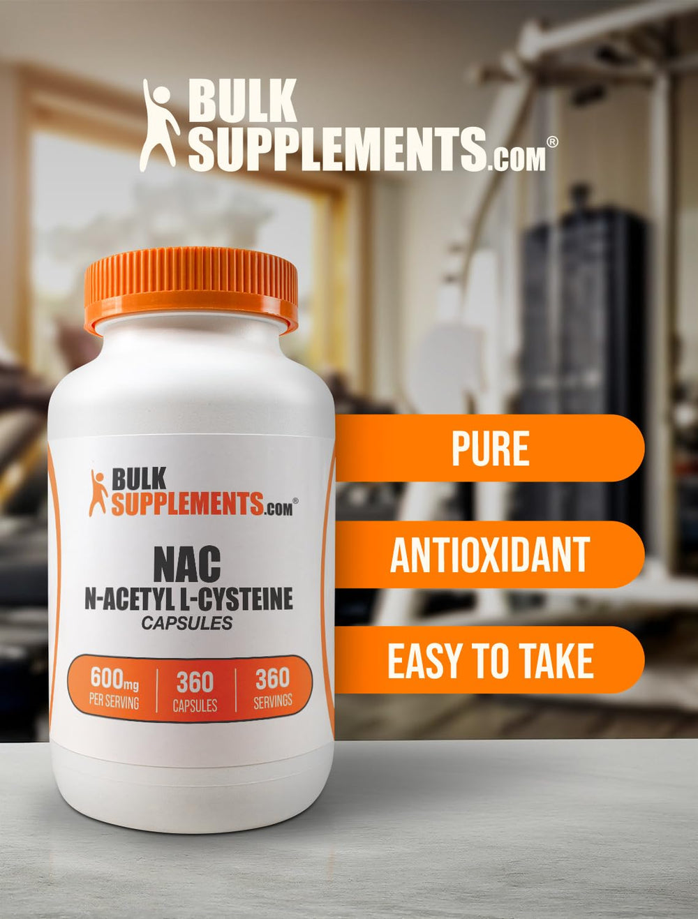 Packaging of BulkSupplements N A C with clear bottle design