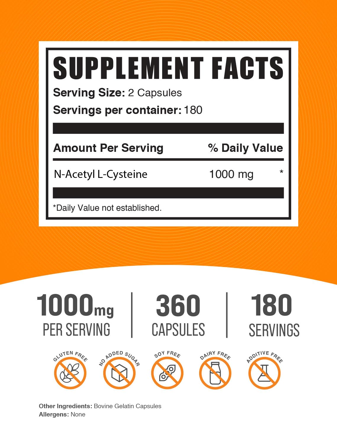 BulkSupplements NAC 1000mg capsules bottle side label showing gluten free