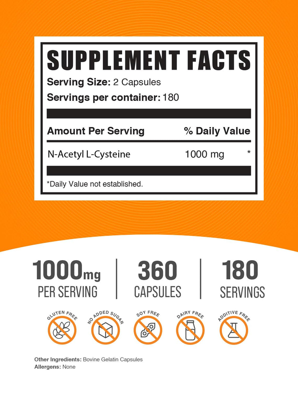 BulkSupplements NAC 1000mg capsules bottle side label showing gluten free