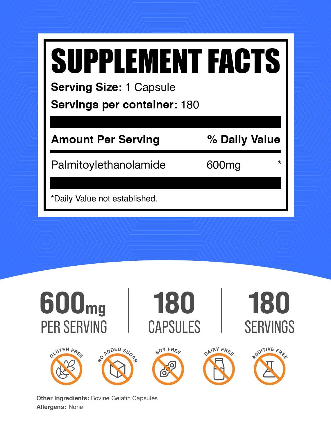 BulkSupplements Palmitoylethanolamide capsules close-up showing small, easy-to-swallow form.
