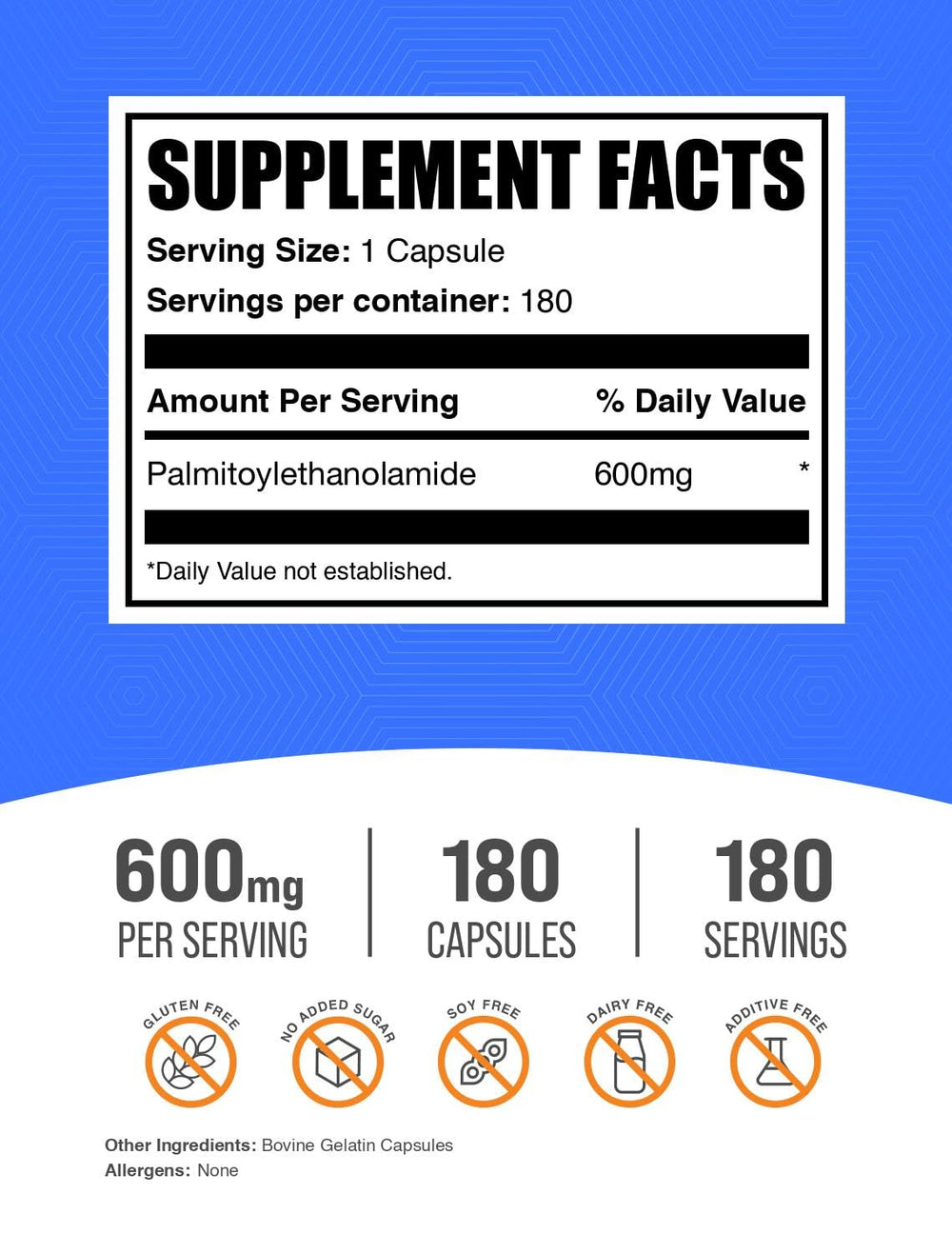 BulkSupplements Palmitoylethanolamide capsules close-up showing small, easy-to-swallow form.