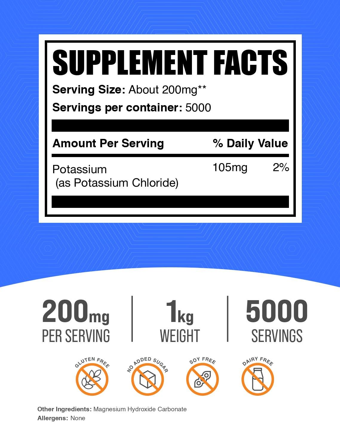 BulkSupplements Potassium Chloride powder scoop used to measure servings for hydration support.