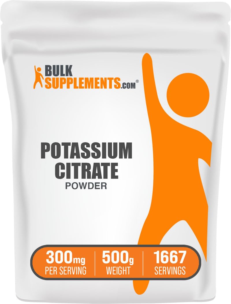 BulkSupplements potassium citrate powder bottle on kitchen shelf supports hydration routines.
