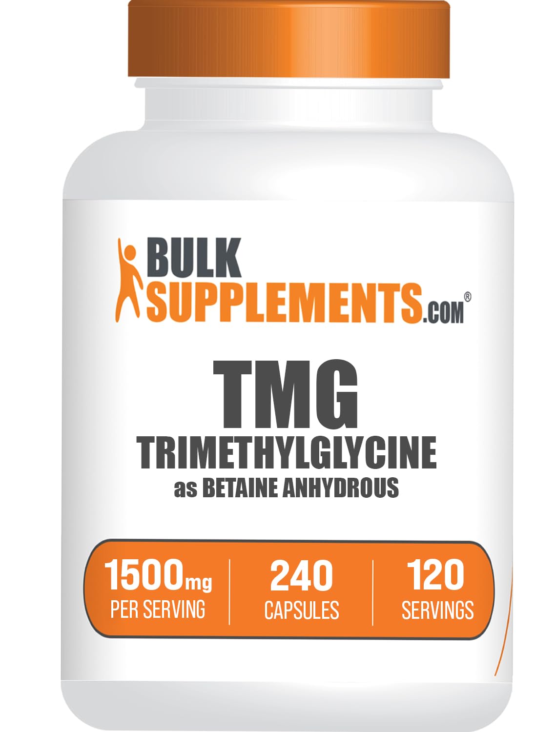 BulkSupplements TMG capsules bottle closeup, gluten-free daily supplement option.