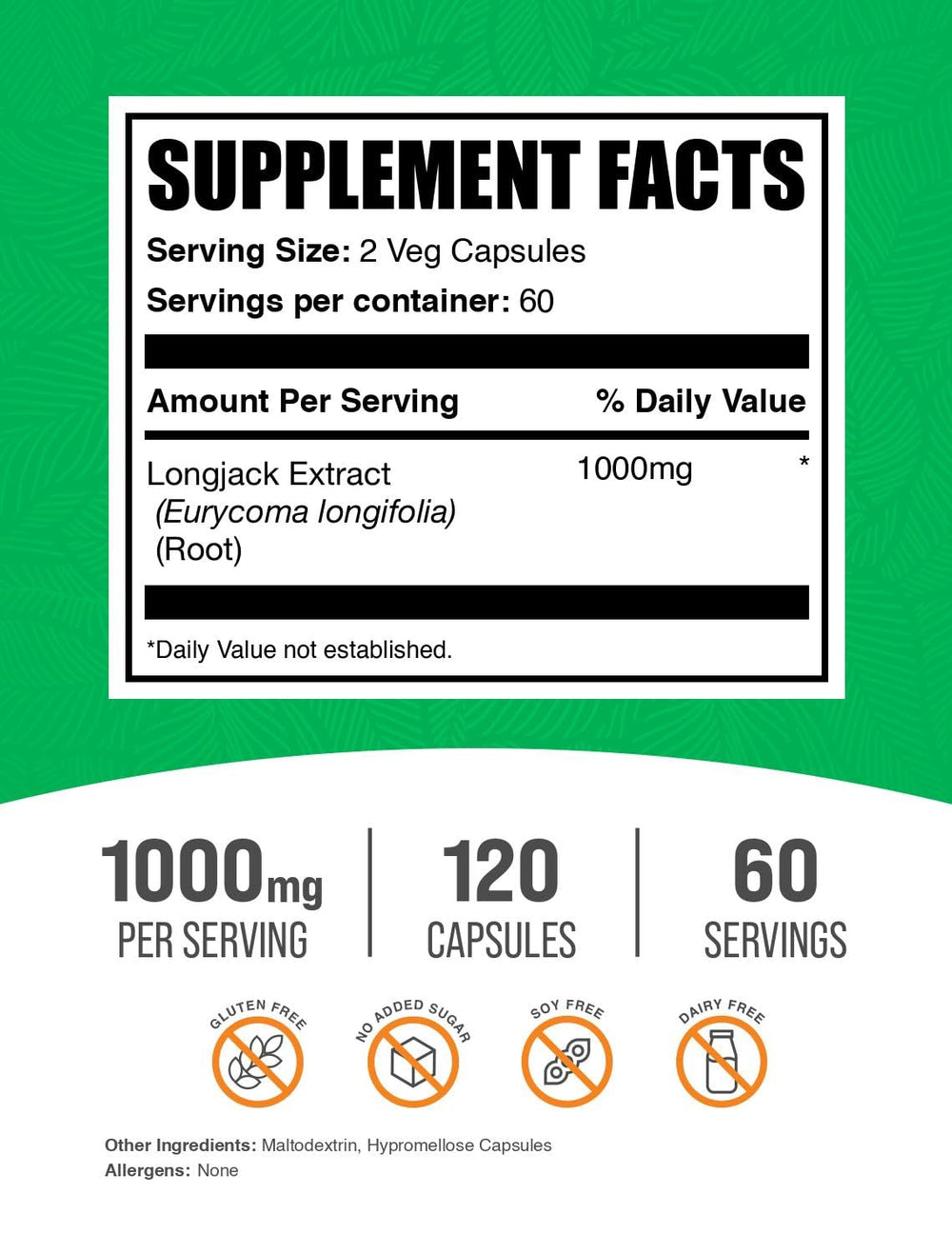BulkSupplements Tongkat Ali Extract capsules pack front highlighting vegan-friendly formula.