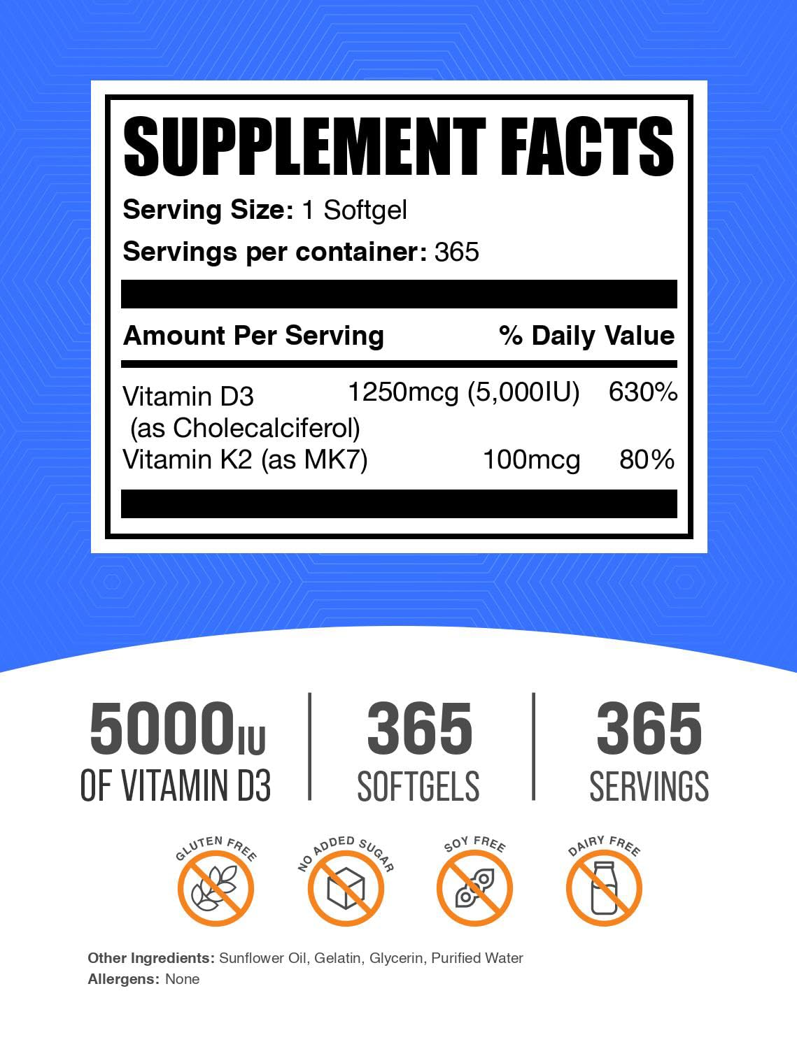 BulkSupplements Vitamin D3 and K2 softgels close-up label showing ingredients.