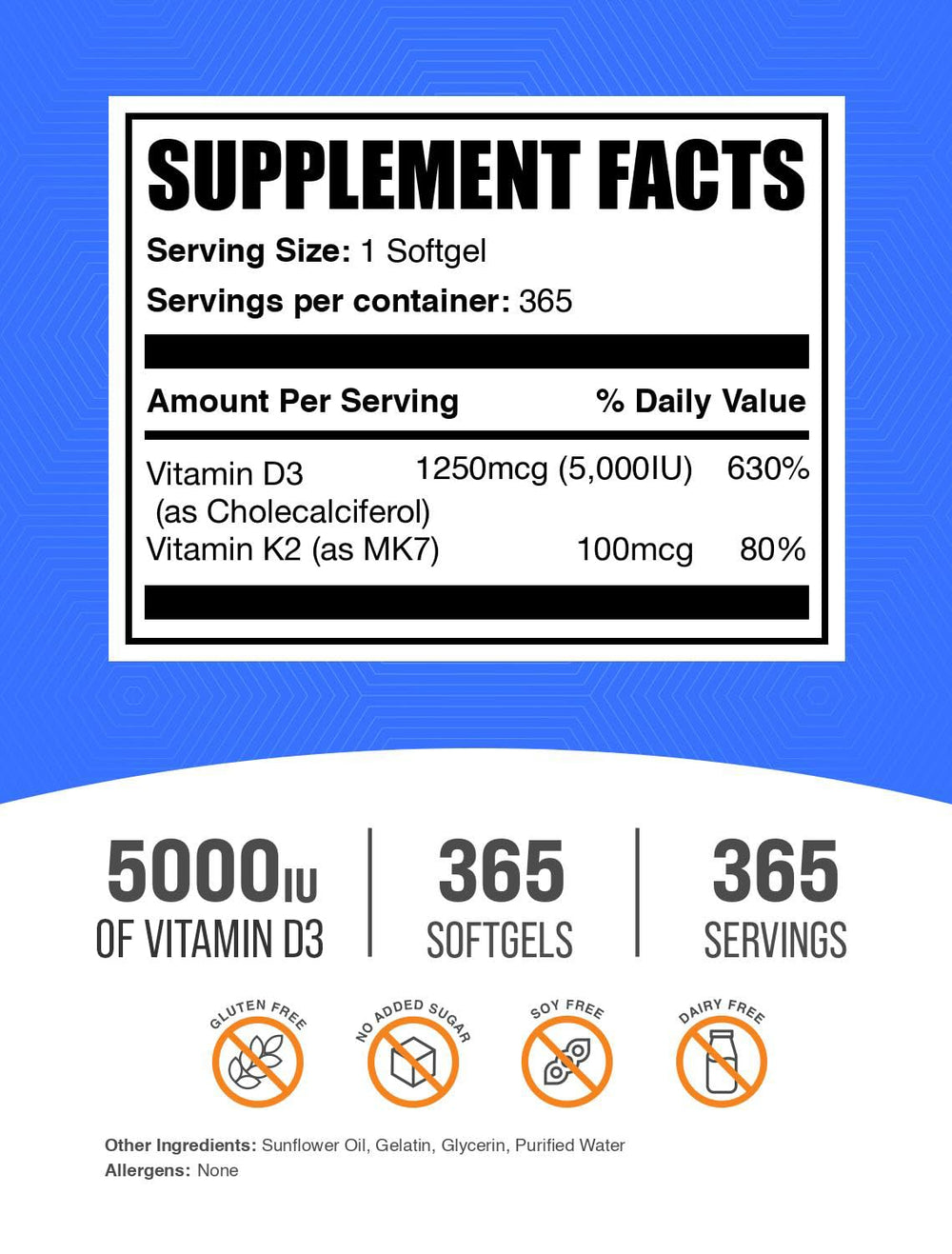 BulkSupplements Vitamin D3 and K2 softgels close-up label showing ingredients.