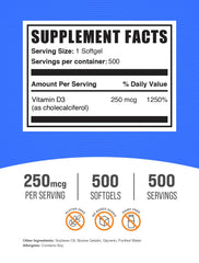 BulkSupplements Vitamin D3 softgel label closeup highlighting dosage and ingredients.