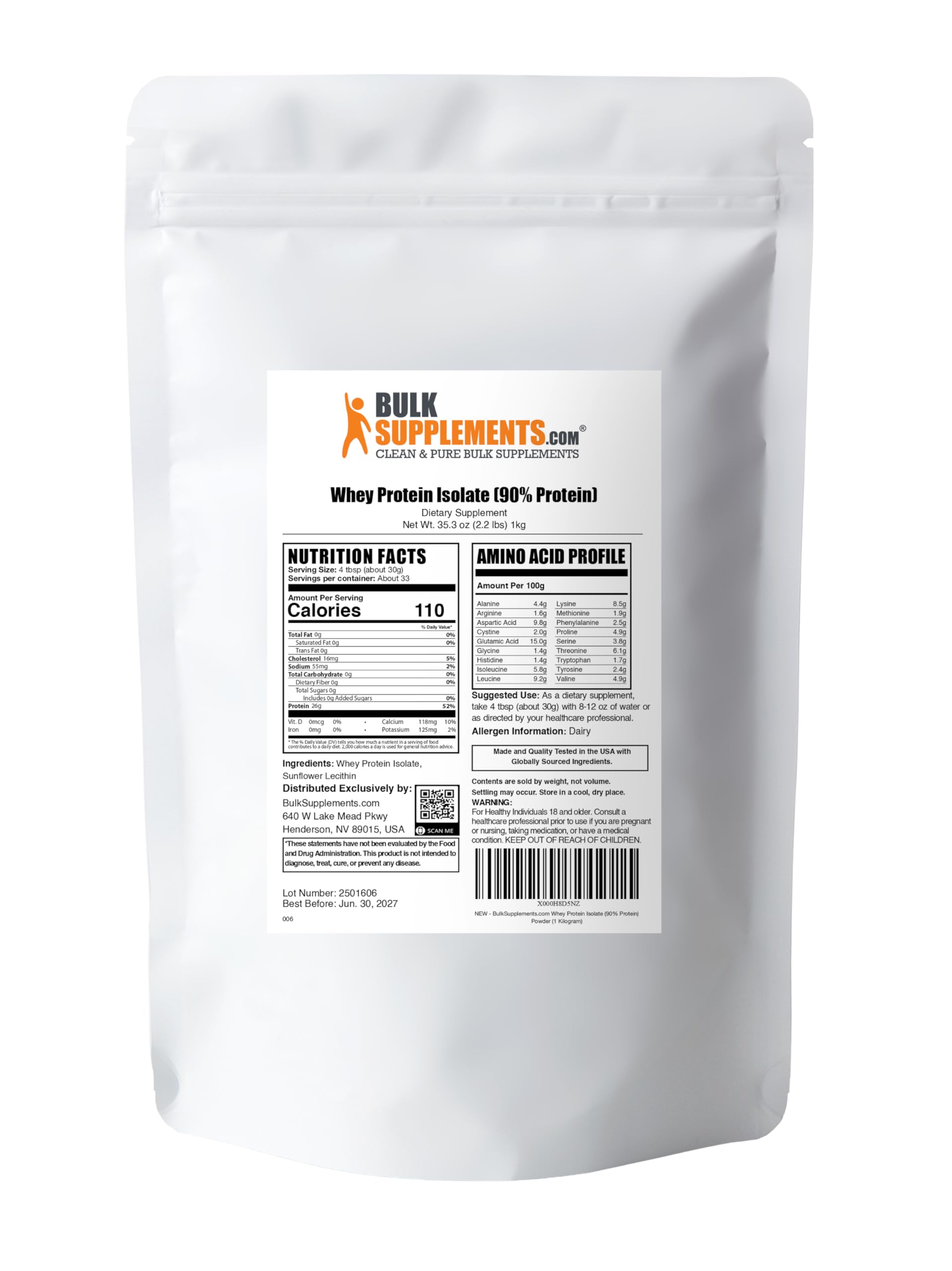 BulkSupplements unflavored formula panel highlights whey protein isolate and sunflower lecithin.
