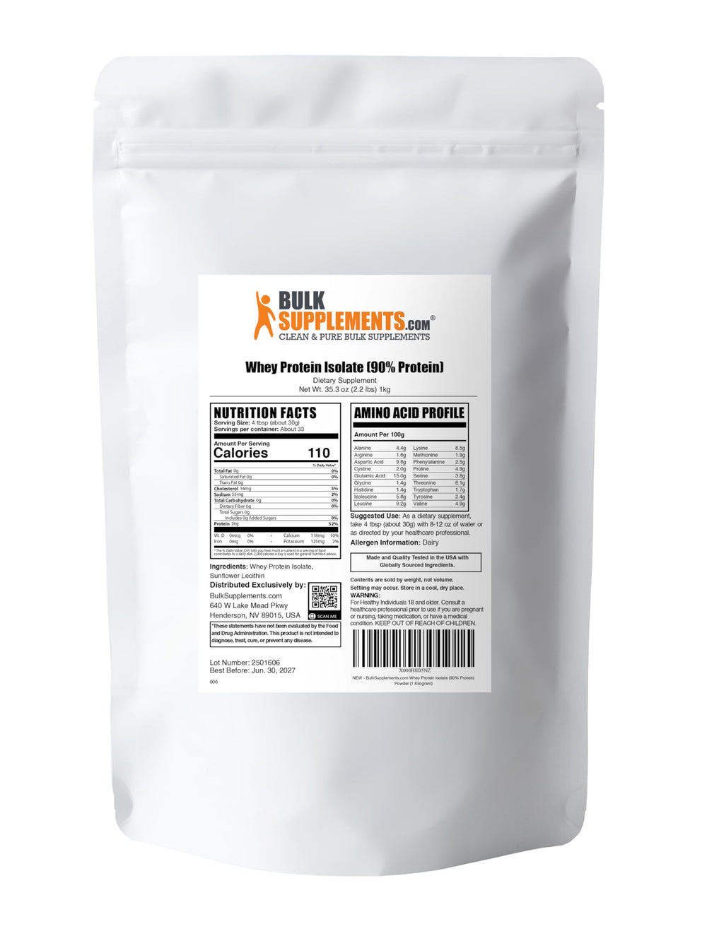 BulkSupplements unflavored formula panel highlights whey protein isolate and sunflower lecithin.