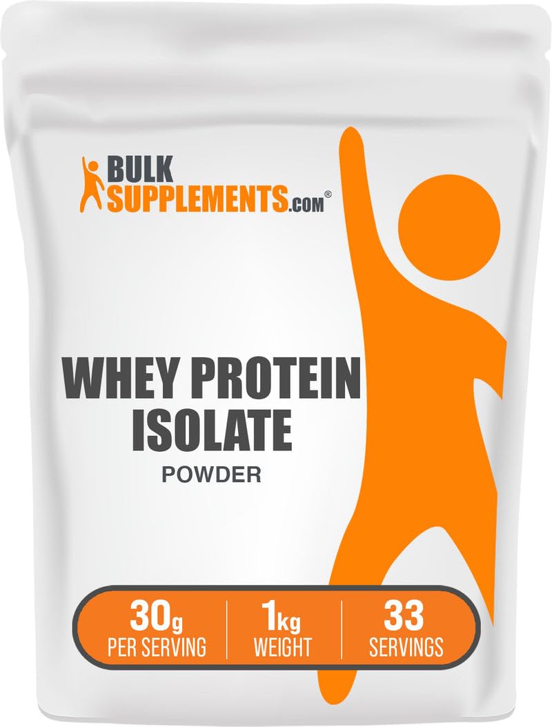 BulkSupplements Whey Protein Isolate bottle with label, gluten-free protein for daily wellness.