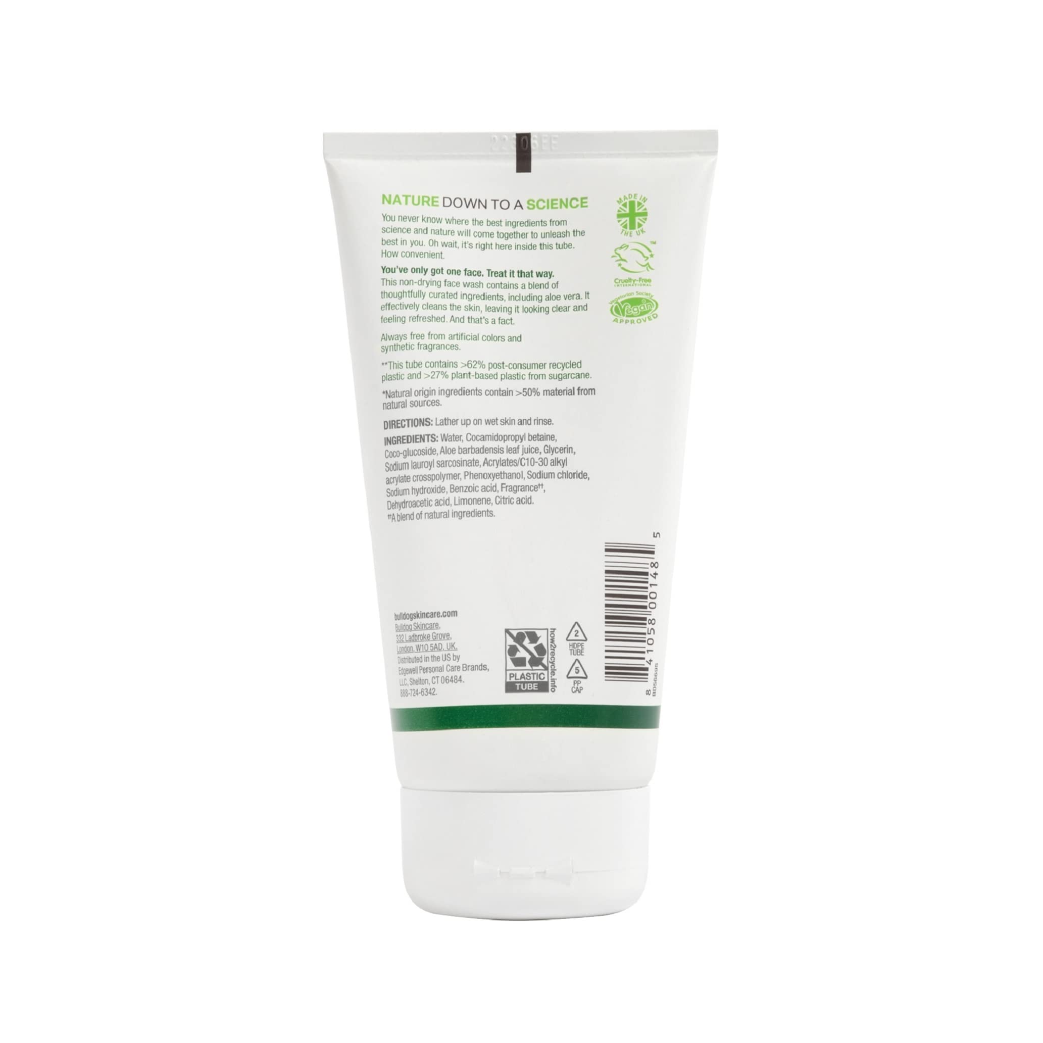 Aloe vera ingredient supports soothing cleanse in Bulldog wash.