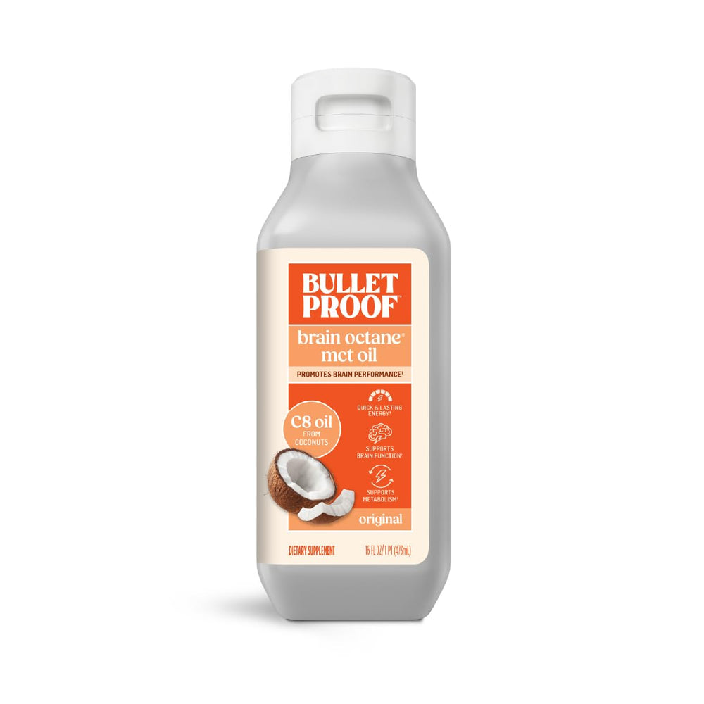 Bulletproof Brain Octane C8 MCT Oil bottle ready for coffee or smoothies.