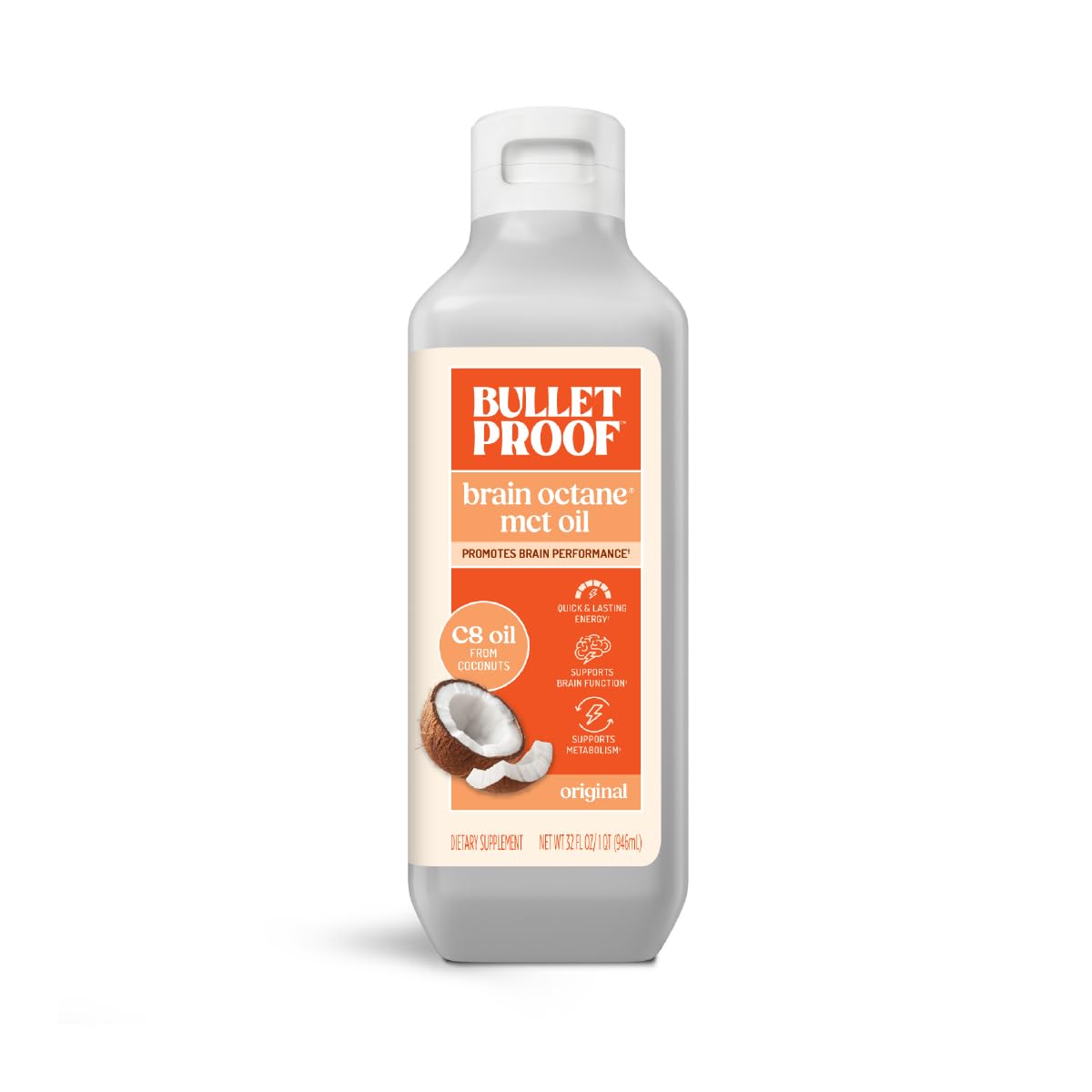 Bulletproof Brain Octane C8 MCT Oil bottle showing pure coconut energy source for quick use