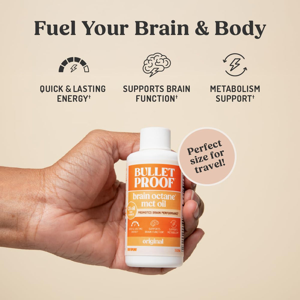 Bulletproof Brain Octane C8 MCT Oil being poured into a cup to boost energy.