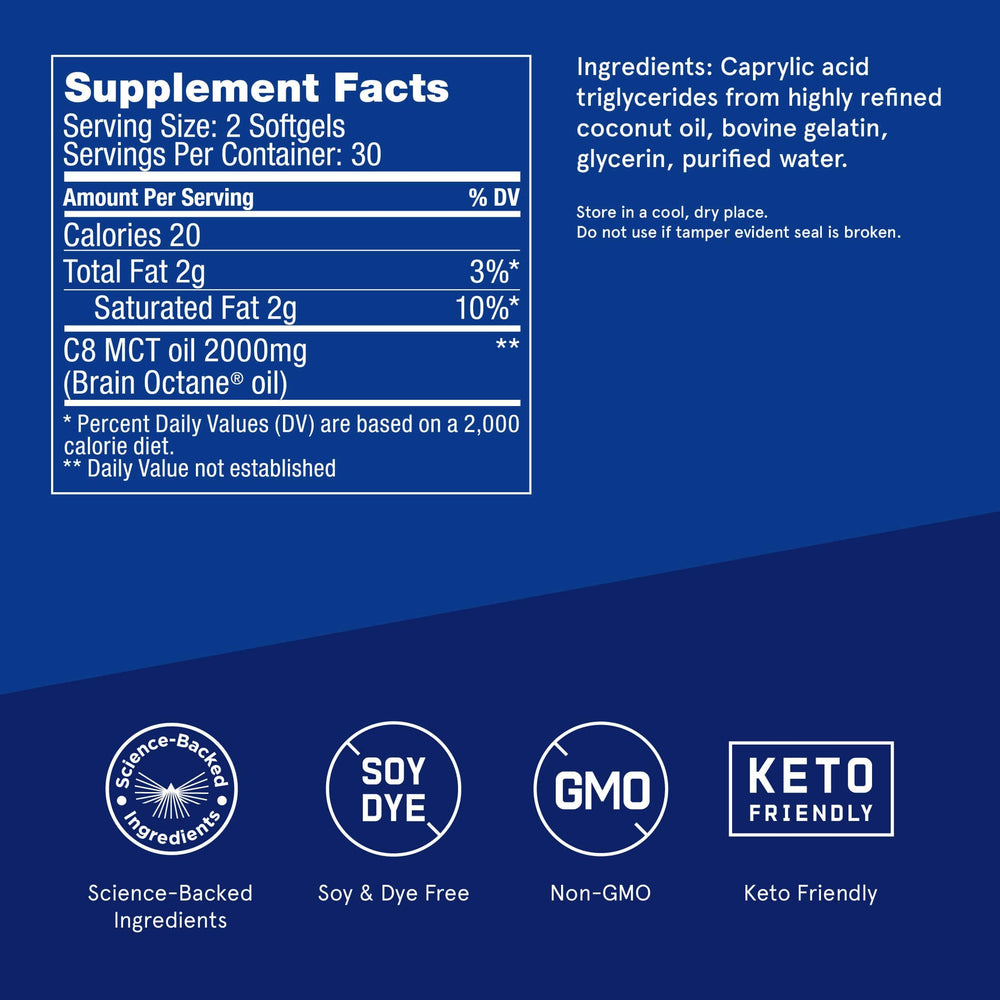 Bulletproof Brain Octane Softgels bottle-cap close-up for easy two-caps daily energy.