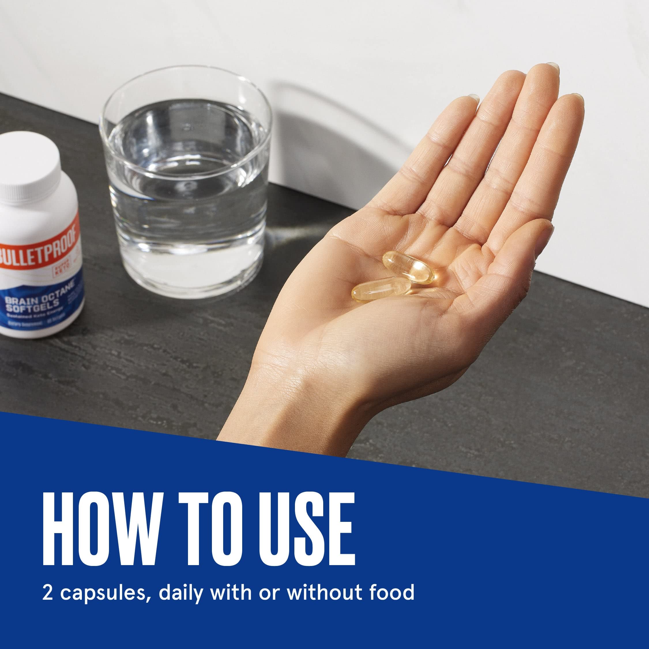 Bulletproof Brain Octane Softgels packaging hero on shelf, travel-friendly.
