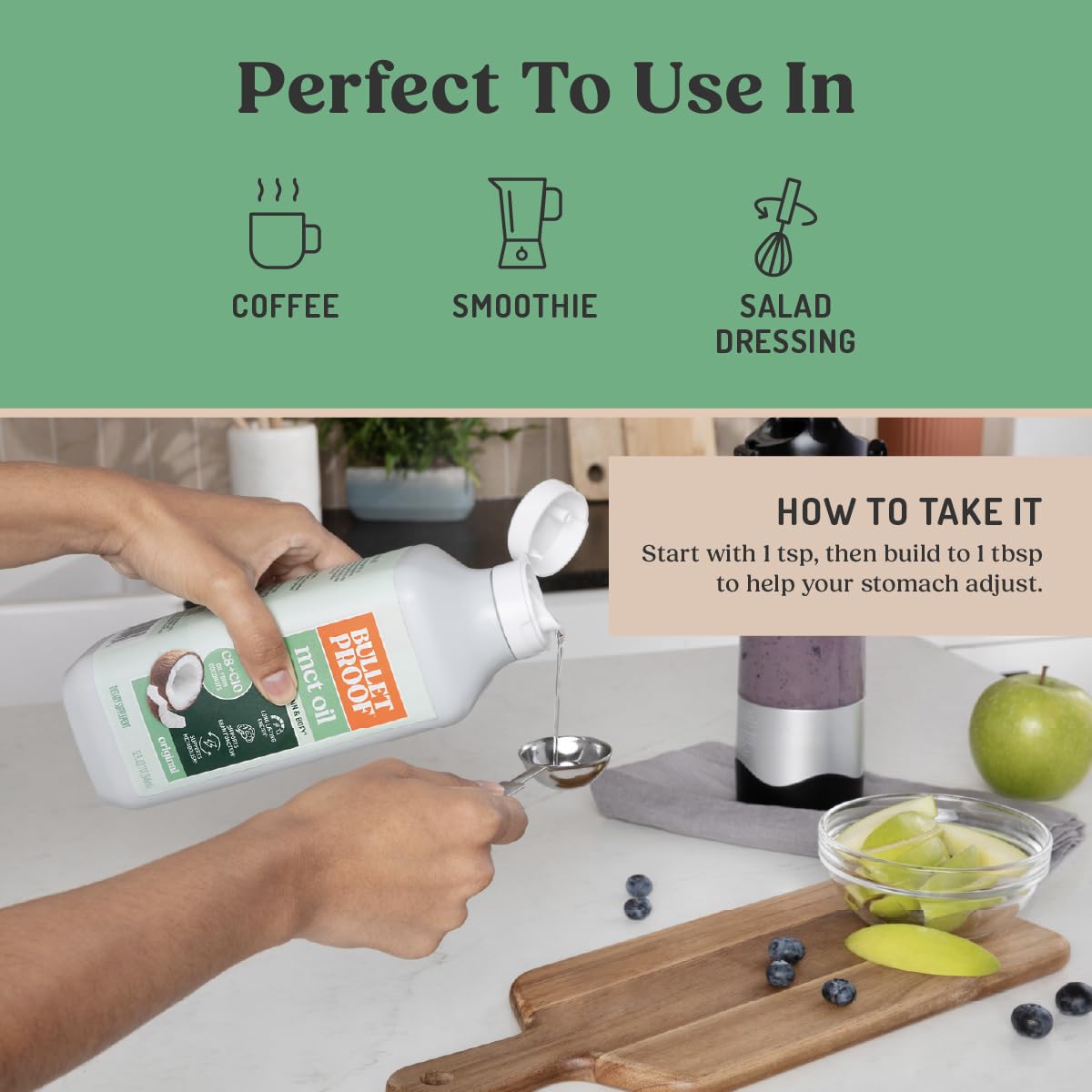 Bulletproof MCT Oil kitchen scene shows a pure coconut oil bottle