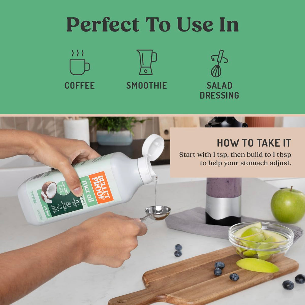 Bulletproof MCT Oil kitchen scene shows a pure coconut oil bottle