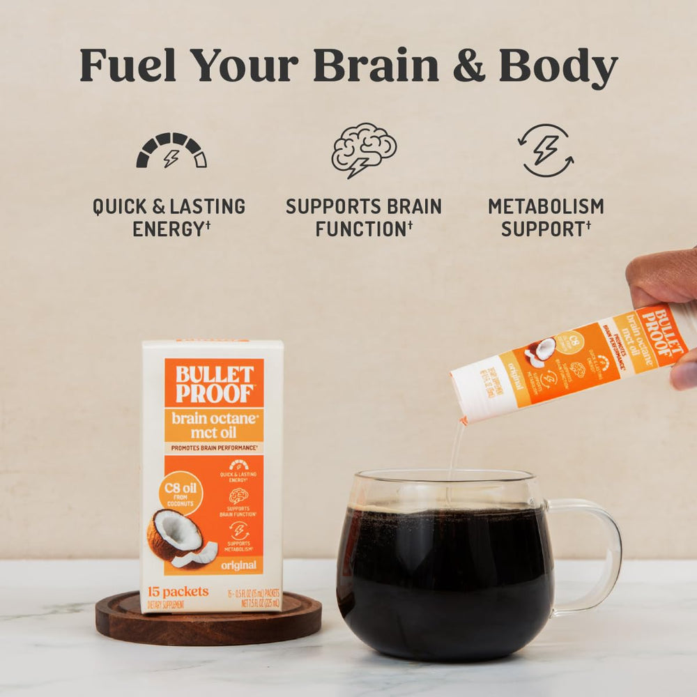 Bulletproof C8 MCT oil triple-distillation bottle highlighting purity for steady energy.