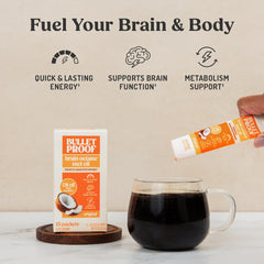 Bulletproof C8 MCT oil triple-distillation bottle highlighting purity for steady energy.