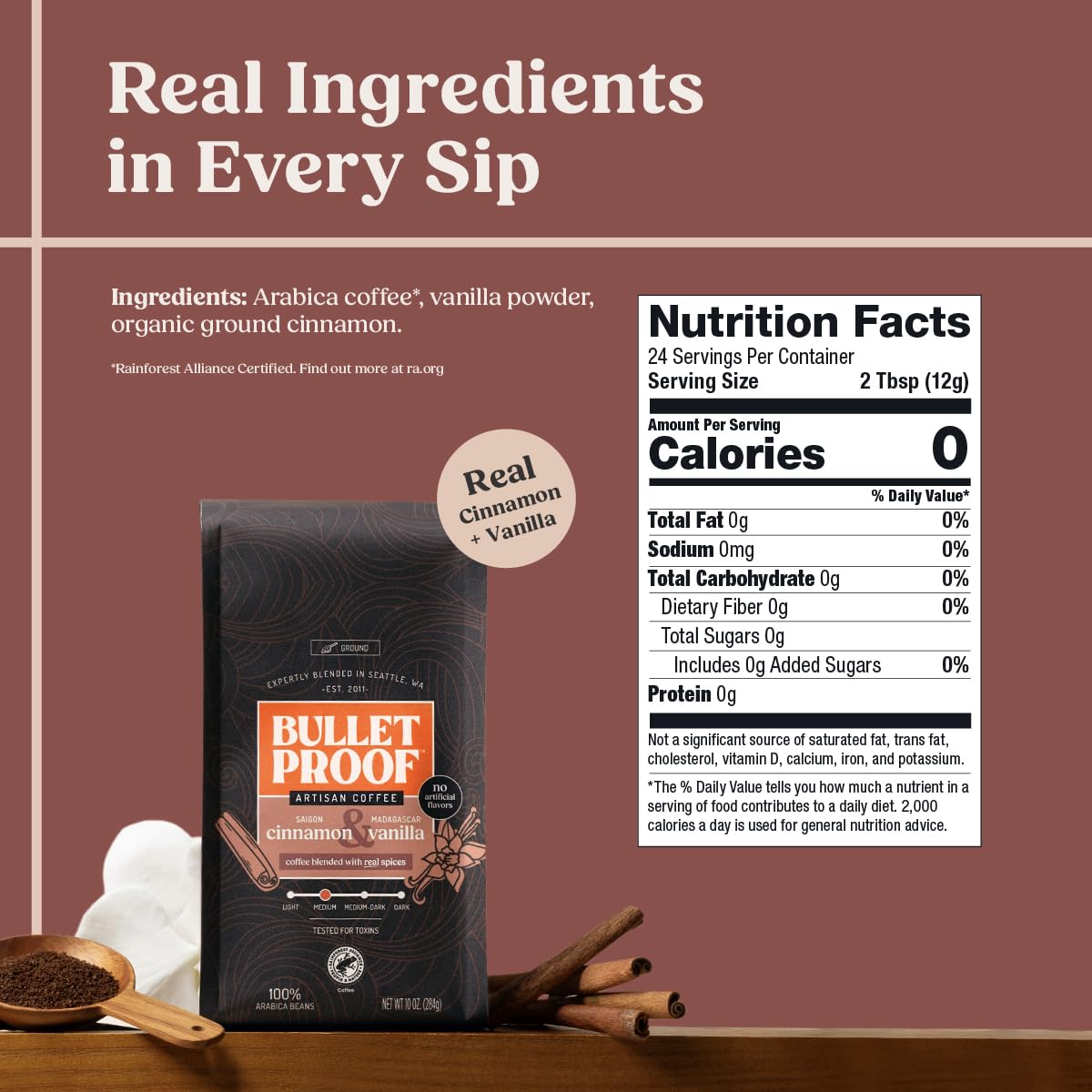 Close-up of Bulletproof Cinnamon Vanilla ground coffee label showing real ingredients