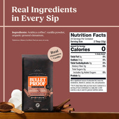Close-up of Bulletproof Cinnamon Vanilla ground coffee label showing real ingredients