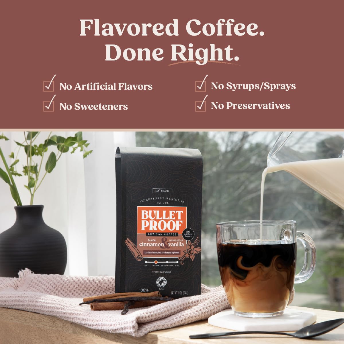 Brewed Bulletproof Cinnamon Vanilla coffee steaming in a mug