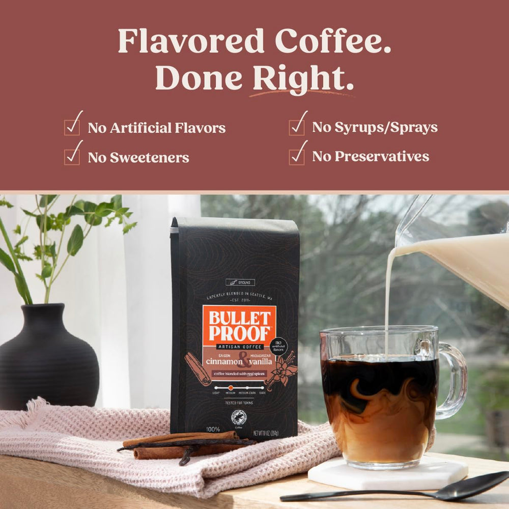Brewed Bulletproof Cinnamon Vanilla coffee steaming in a mug