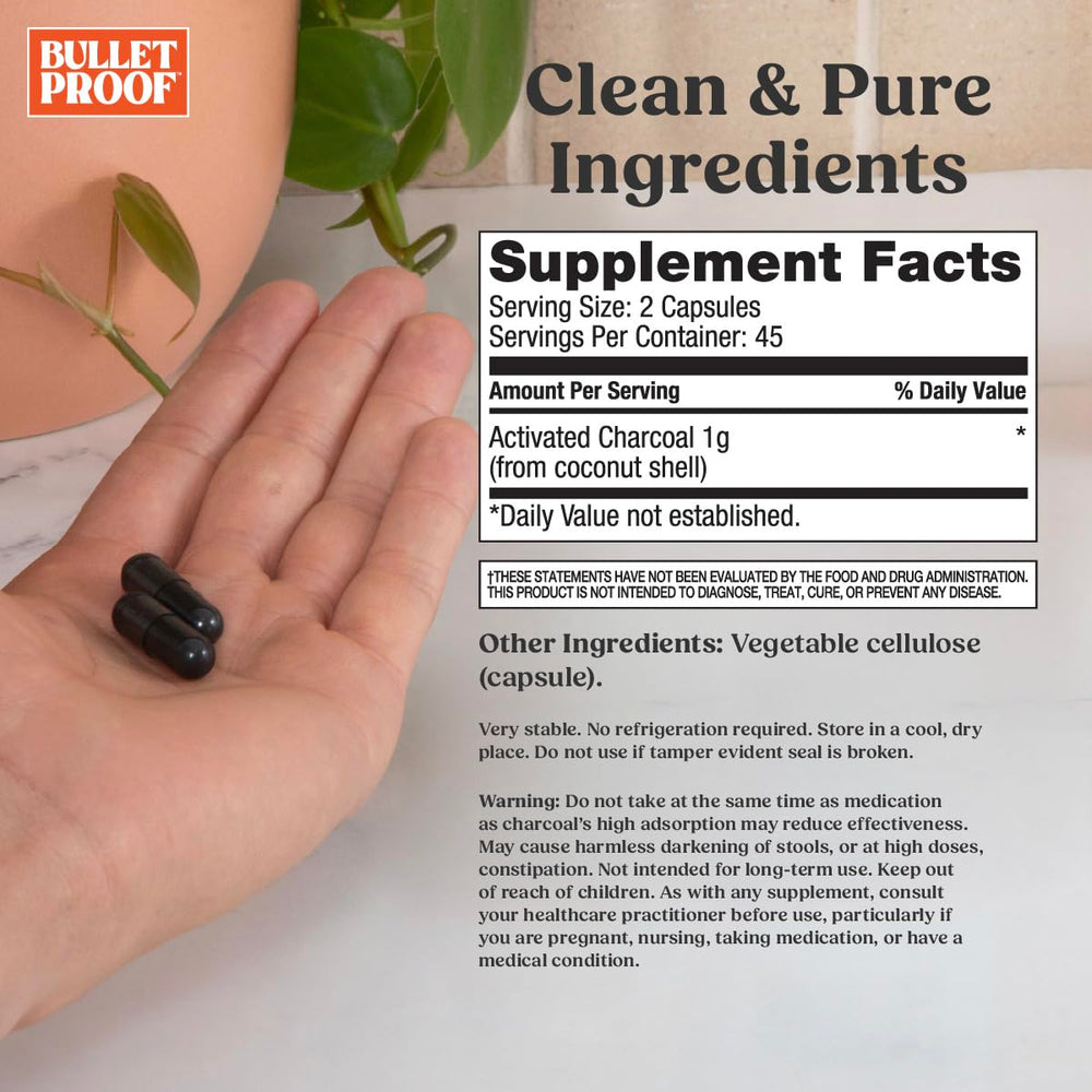 Close-up of Bulletproof Coconut Charcoal capsules for quick gas relief after meals.