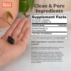 Close-up of Bulletproof Coconut Charcoal capsules for quick gas relief after meals.