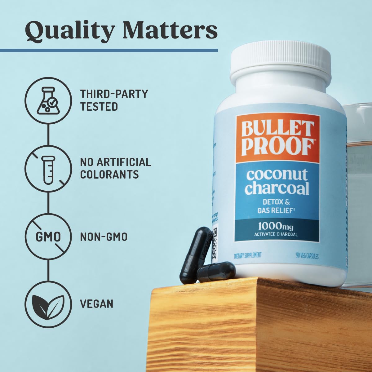 Bulletproof Coconut Charcoal packaging shows 90-count bottle and allergen info.
