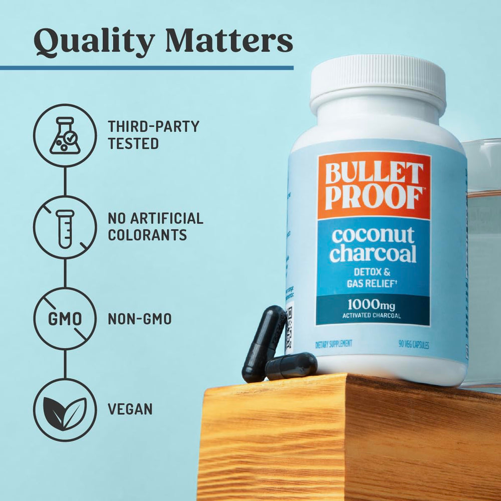 Bulletproof Coconut Charcoal packaging shows 90-count bottle and allergen info.