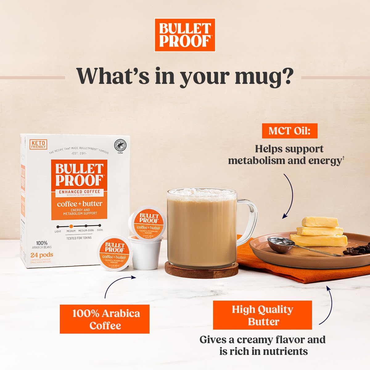Bulletproof coffee MCT oil in coffee bottle highlighting energy-boosting ingredient.