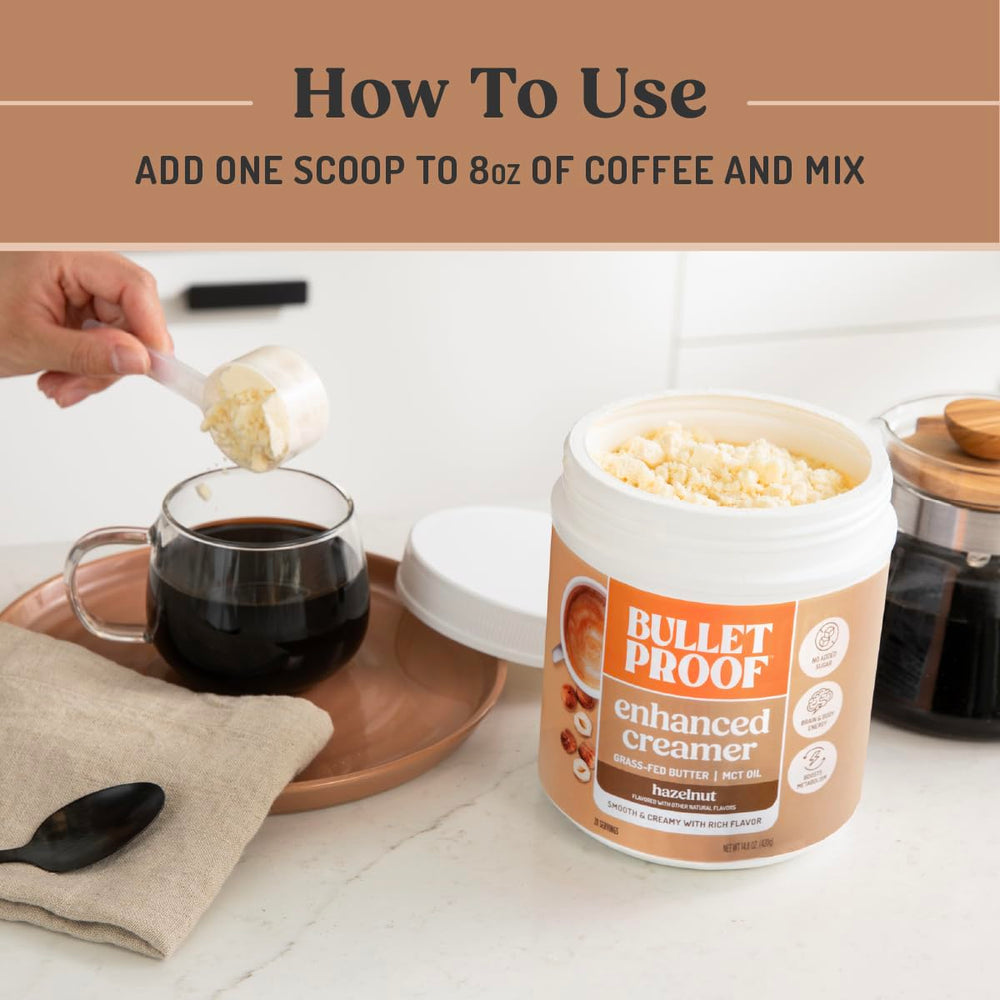 Bulletproof Hazelnut Creamer in a coffee mug delivering a creamy, keto-friendly drink.