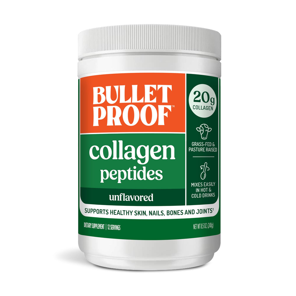 Bulletproof Collagen Peptides bottle on shelf; smooth, sugar-free protein for daily routines.
