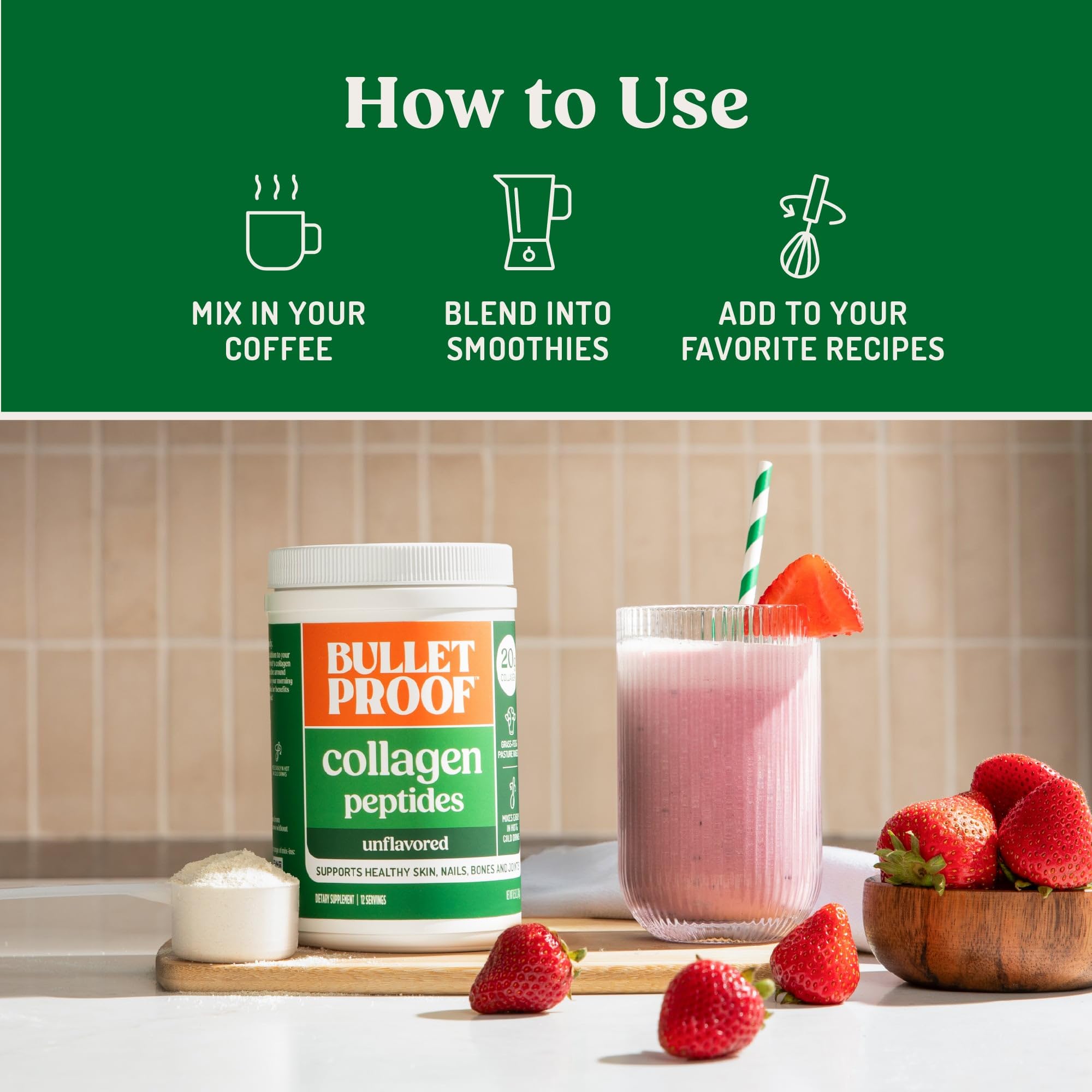 Keto-friendly Bulletproof Collagen; sugar-free formula supports low-sugar beverage options.
