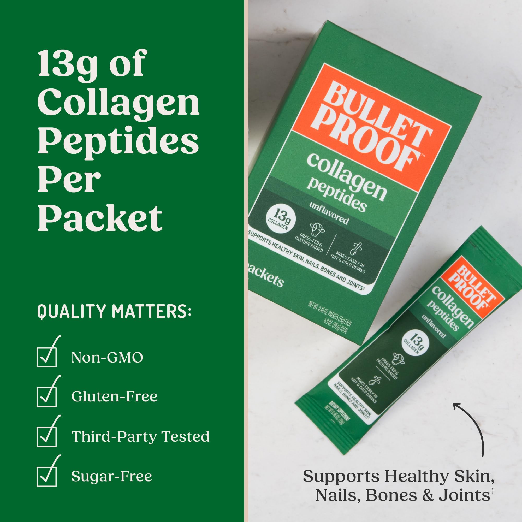 Bulletproof collagen ingredients table lists types I and III benefits.
