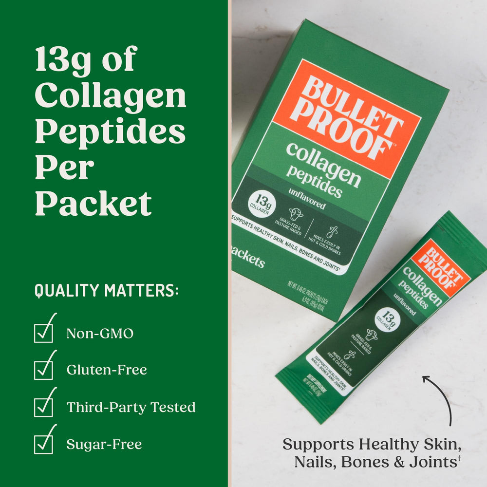 Bulletproof collagen ingredients table lists types I and III benefits.