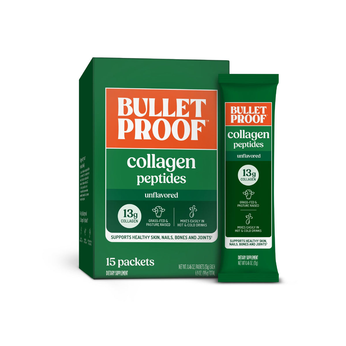 Bulletproof collagen packets packaging for on-the-go use in beverages.