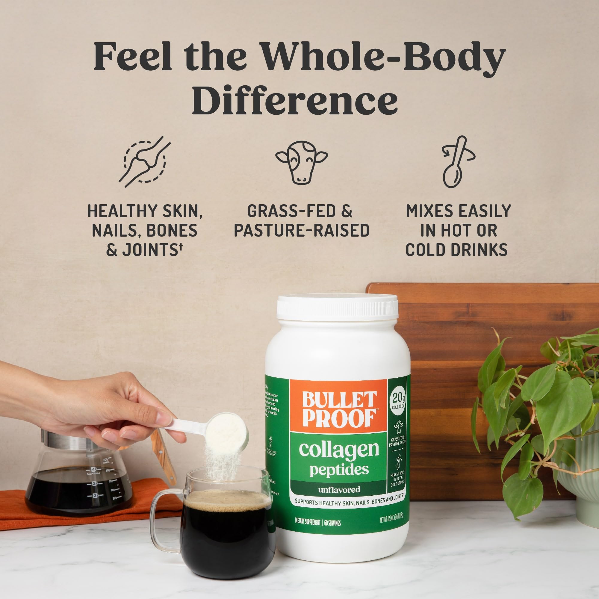 Bulletproof Collagen Peptides coffee mug blends smoothly into keto-friendly coffee