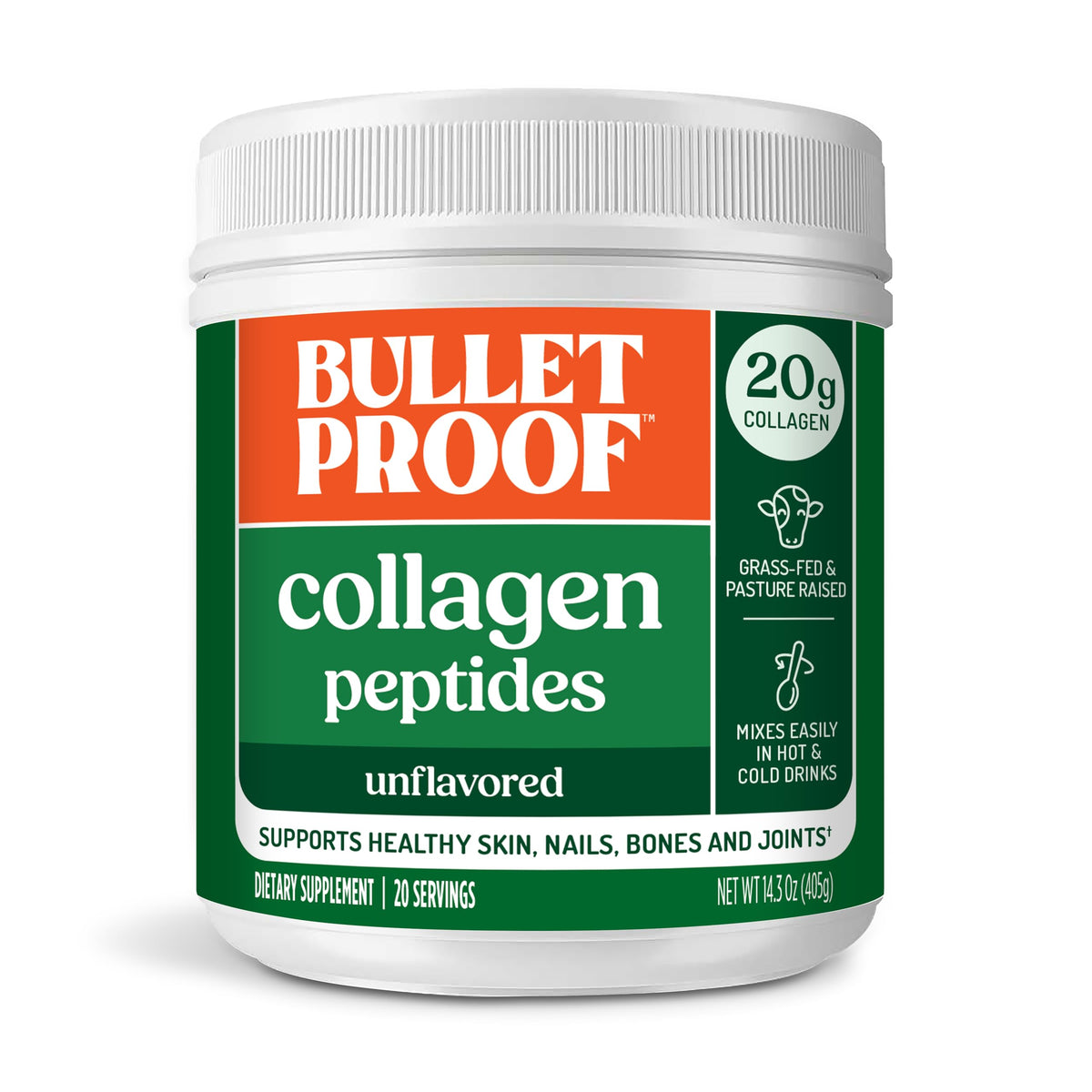 Bulletproof collagen peptides jar front, highlighting grass-fed option for skin and joints support.