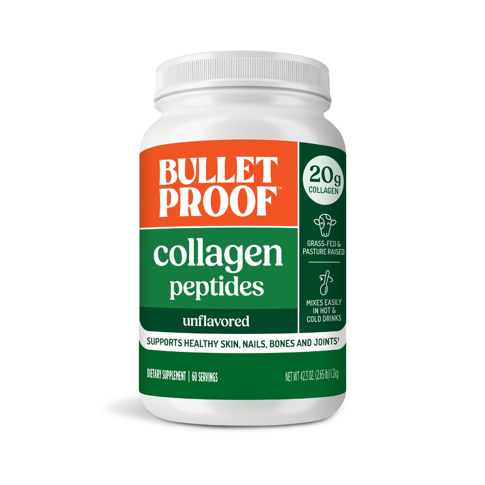 Bulletproof Collagen Peptides jar on kitchen counter for convenient daily protein source