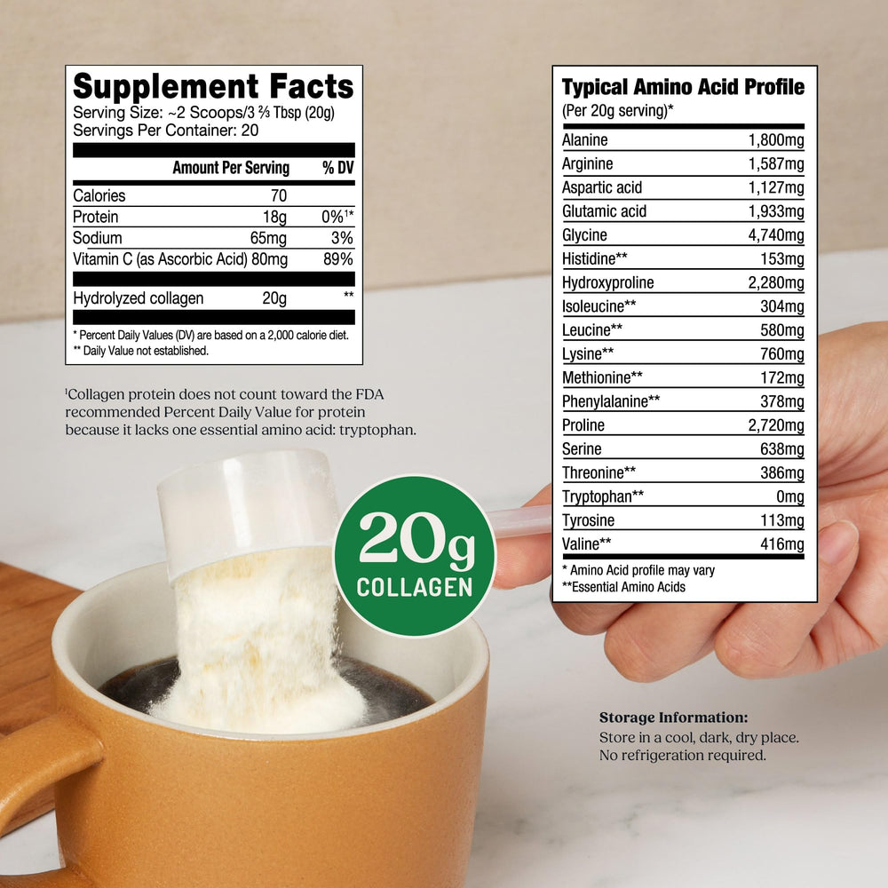 Bulletproof collagen peptides with MCT oil pour, suggesting convenient daily beverage addition.