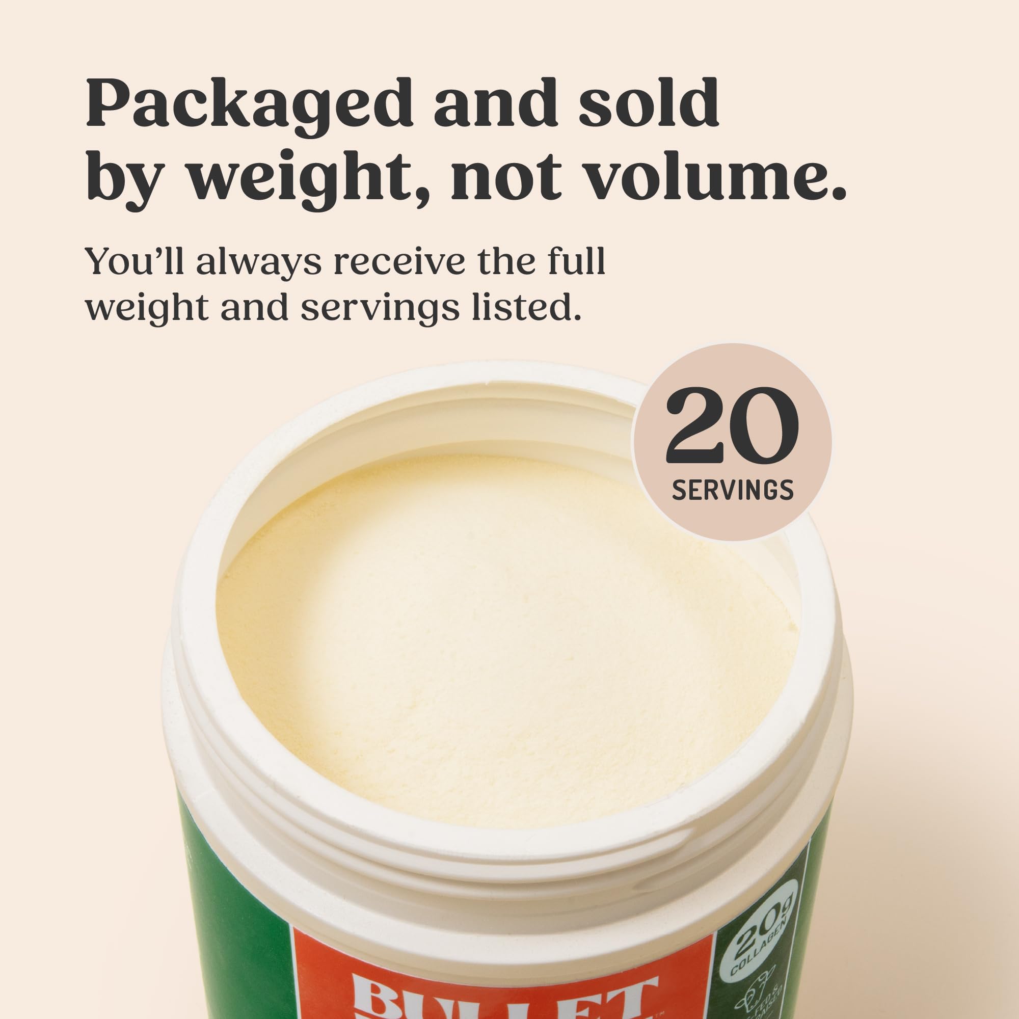 Bulletproof collagen peptides unflavored scoop, visualizes measuring serving.