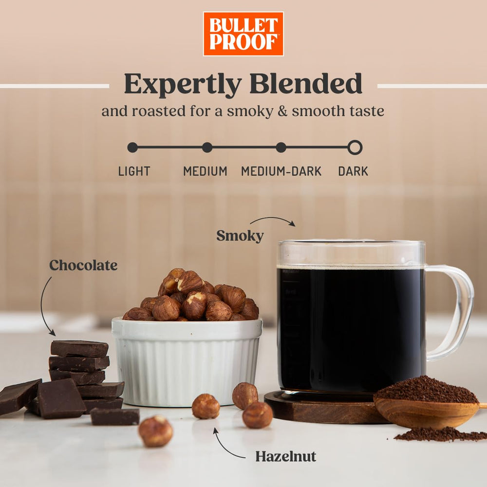 Bulletproof French Kick dark roast coffee bag emphasizes aroma retention and freshness.